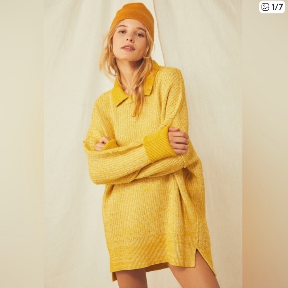 Free People‎ Oversized Pony Up Pullover Mustard Yellow Collared Sweater size XS